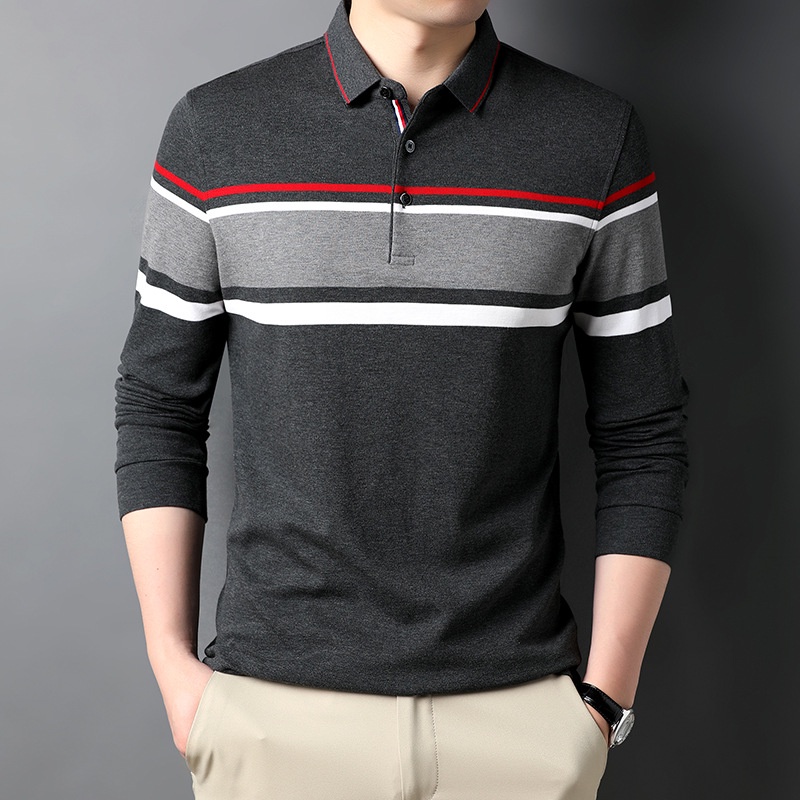 Pria Lengan Panjang Bergaris T-shirt    Korea Warna Jahitan Turnover Leher Polo Shirt Pria t-shirt K