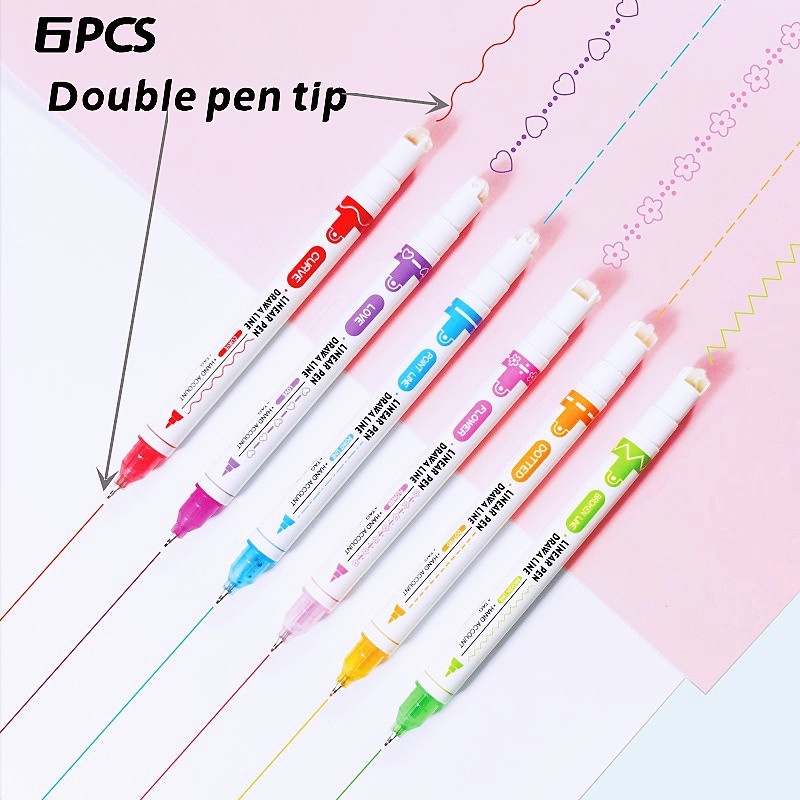 3/6/8pcs Double-head Highlighter Kurva Pena Garis Putus-putus Garis Besar Pena Penanda Seni Kelopak Lucu Menggambar Alat Tulis