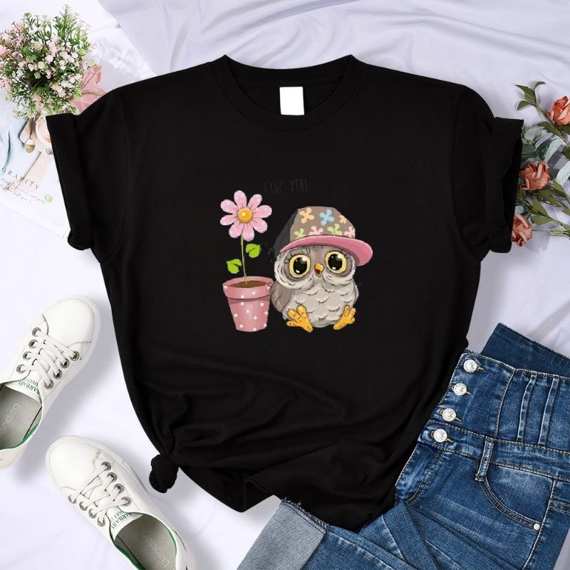 Kaos Wanita Baju Oblong Atasan Lengan Pendek Cewek Cotton Owl Tshirt Oversize Distro Fashion Cod