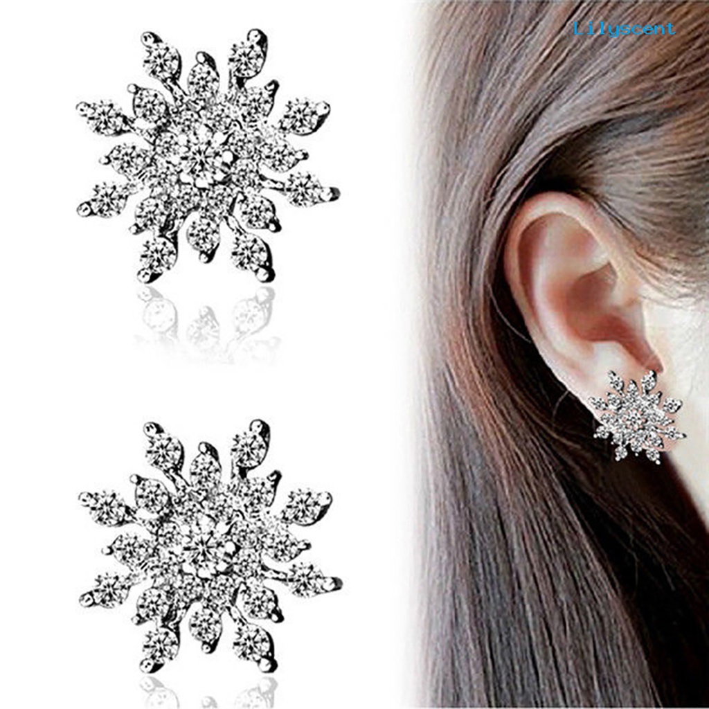 [LS] 1pasang Wanita Fashion Elegan Snowflake Berlian Imitasi Anting Ear Studs Perhiasan Hadiah Untuk Pakaian Sehari-Hari