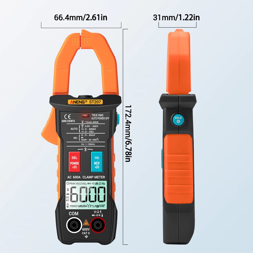 ANENG Digital Bluetooth Multimeter Voltage Tester Clamp - ST207 - Black