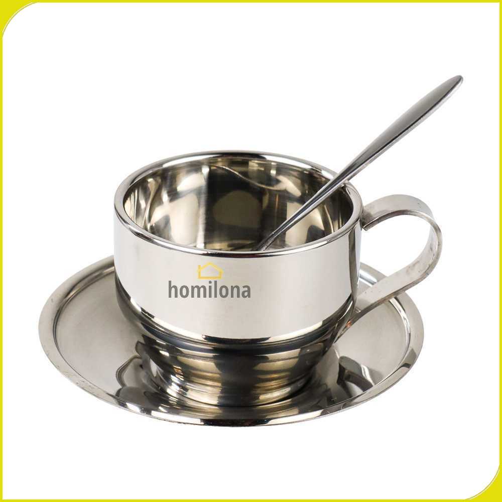 One Two Cups Set Cangkir Sendok Piring Kopi Stainless Steel - 201