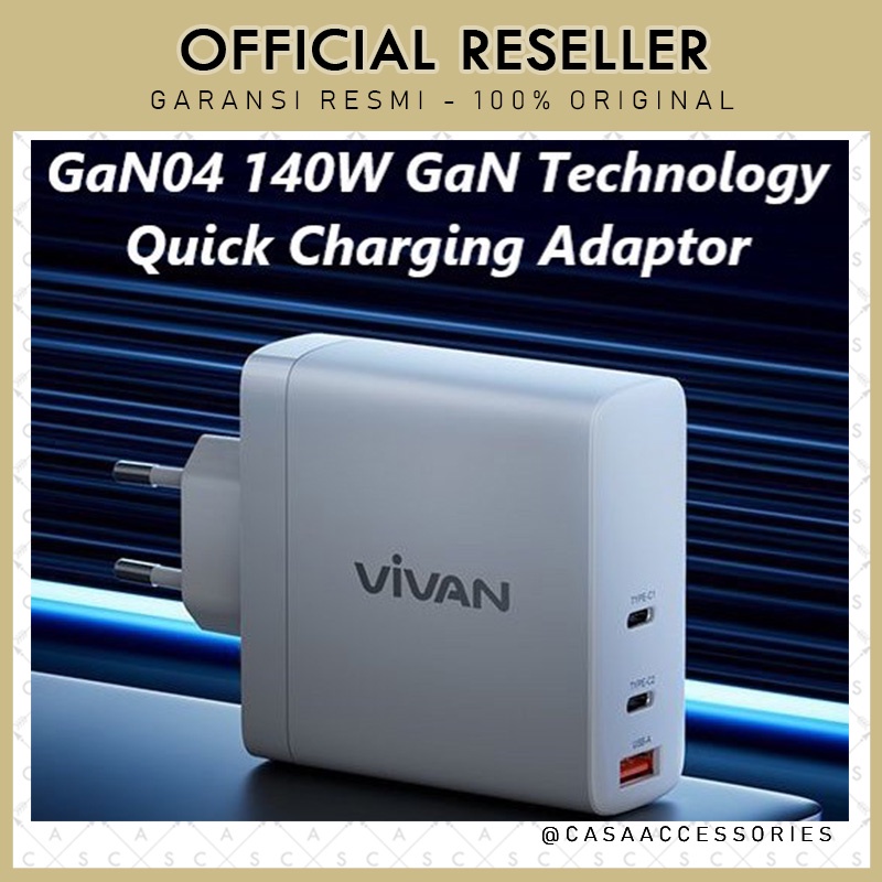 Vivan GaN04 140W GaN Quick Charging 3 Port USB-C USB-A Adaptor Charger