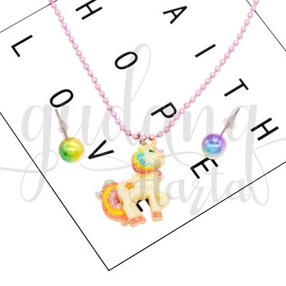 Kalung Dan Anting Anak Set Unicorn Aksesoris Necklace Motif Hewan Kuda Lucu GH 204148