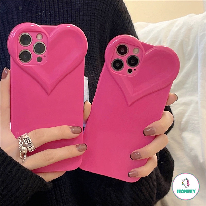 Luxury Rose Red 3D Love Heart Shape Phone Case Kompatibel Untuk IPhone 14 13 12 11 Pro Max Sarung Handphone Belakang TPU Lembut Menyerap Guncangan