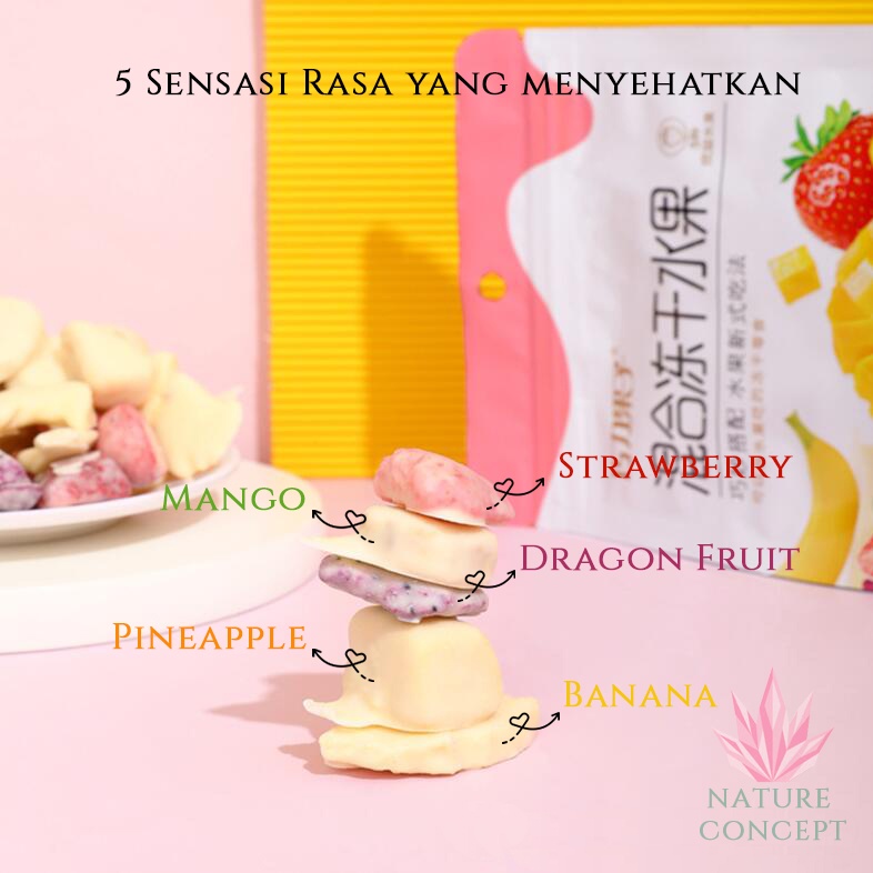 Freeze Dried Strawberry Cemilan Snack Strawberry Mango Mixed Fruit Coconut Durian Utuh with Milk Coated Stroberi Susu LENGKAP TERMURAH