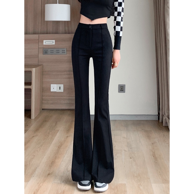 ✅COD hitam high-waist cutbray kasual berkobar celana panjang Korea