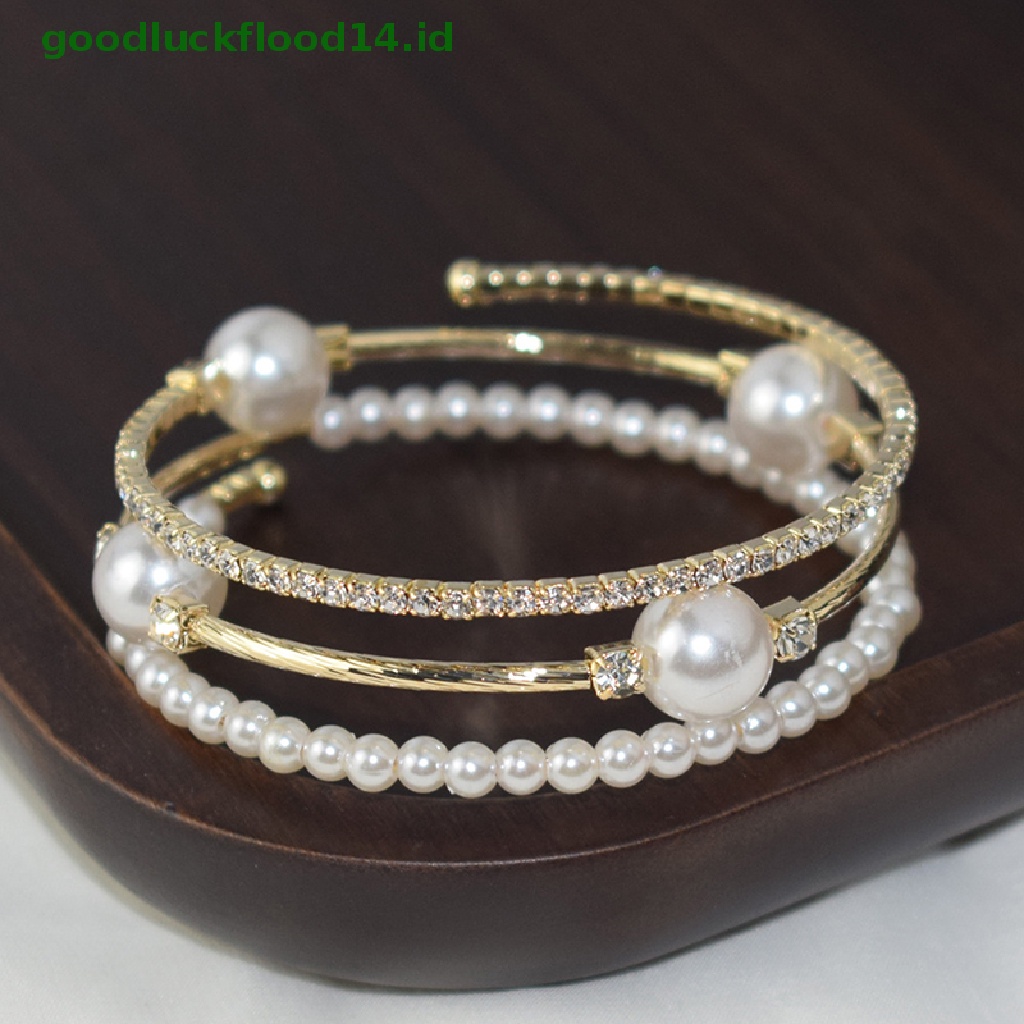 [GOOGFOUR] Kristal Mutiara Gelang Wanita Berlian Imitasi Multi-layer Adjustable Bangles Manset Berlapis Emas Perak Pesona Gelang Perhiasan Hadiah [TOP]