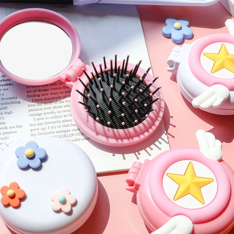 Sisir Lipat Bulat dengan Cermin Sisir Compact 2in1 Motif Cute MA;LL SHOPPING