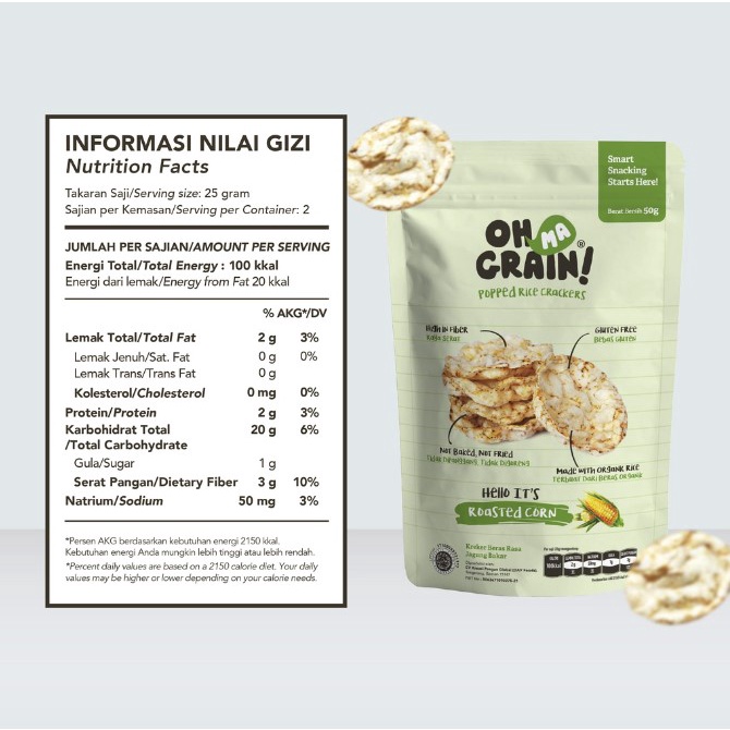 Oh Ma Grain Popped Rice Crackers Roasted Corn Jagung Bakar 50gr - Snack Sehat - Cemilan Anak