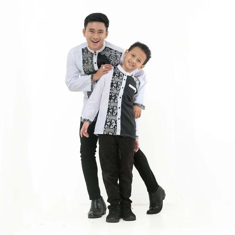 Koko Muslim Modern Lengan Panjang Couple Ayah &amp; Anak trisula Putih Bahan Katun Adem Bordir