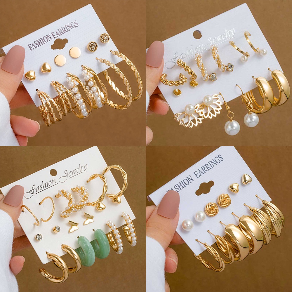 6per18/36pasang INS Gaya Anting Set Sederhana Berlian Imitasi Mini Stud Earrings Vintage Warna Emas Mutiara Hoop Earrings Wanita Perhiasan Trendi