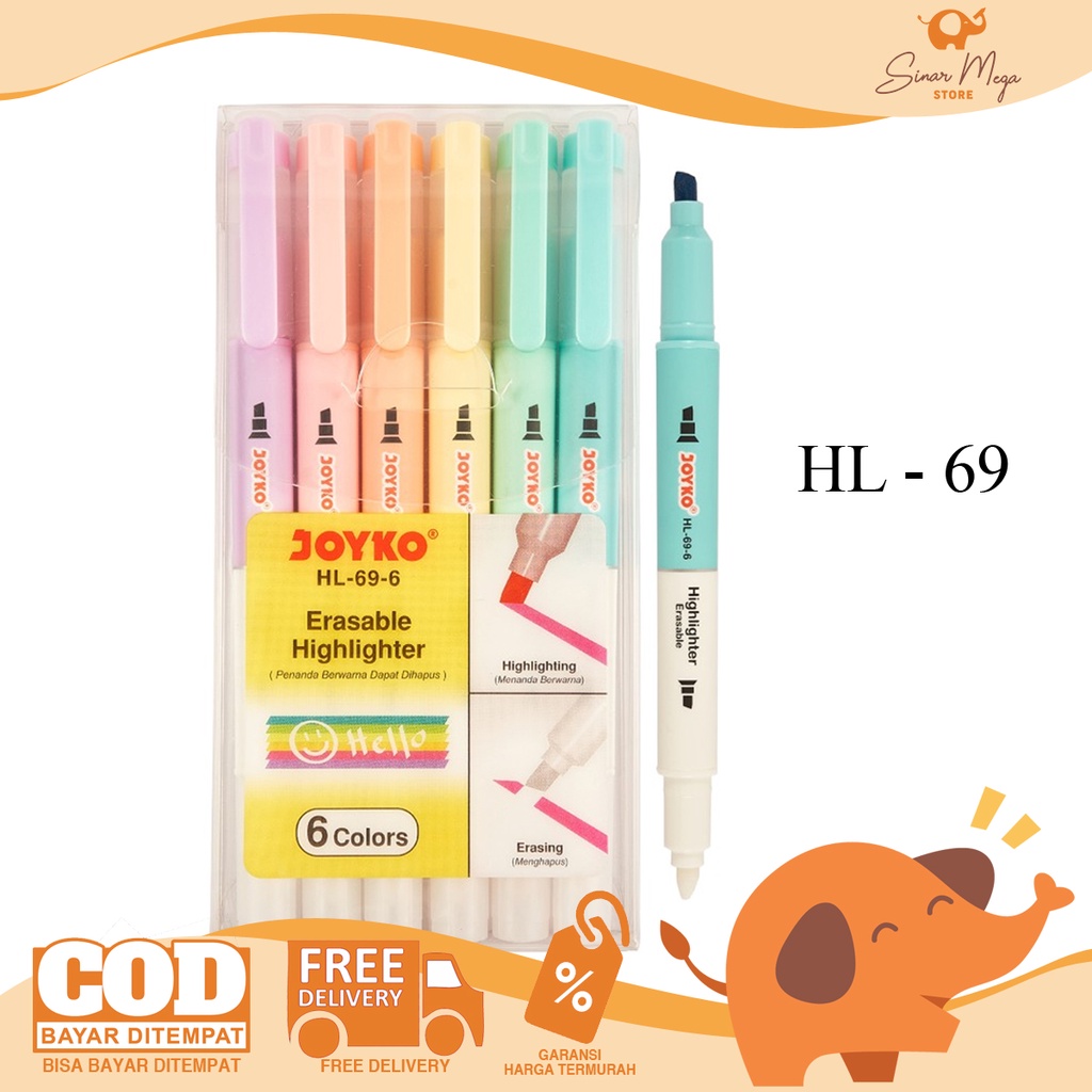 

Joyko HL-69-6 Erasable Highlighter 1 Set Isi 6Pcs Dual Tip / Penanda Dapat Dihapus Lucu Unik Murah
