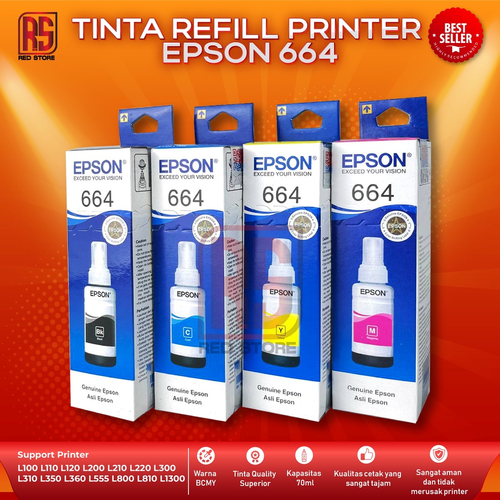 1 SET 4 PCS Tinta Epson 664 For Printer L100 L110 L111 L120 L130 L132 L200 L210 L211 L220 L222 L300 L301 L310 L350 L351 L353 L355 L356 L358 L360 L362 L365 L366 L375 L455 L456 L475 L550 L551 L555 L556 L558 L565 L575 L566 L800 L805 L810 L850 L1300