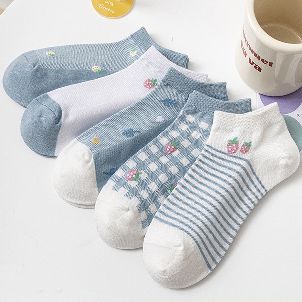 TK Kaos Kaki Pendek Wanita Semata Kaki Motif Daun Strawberry Biru KK029