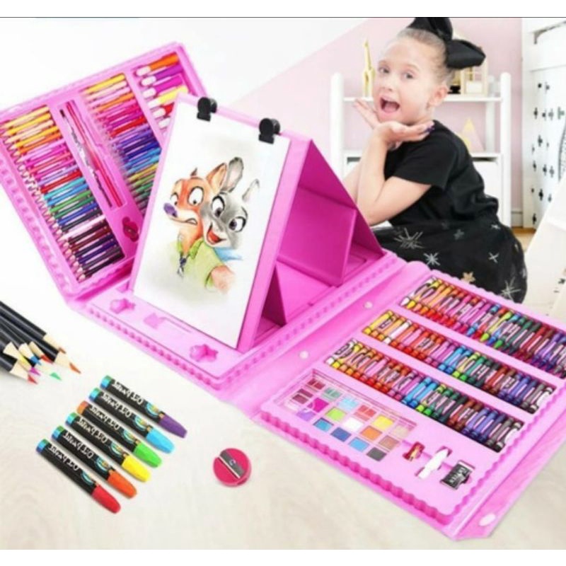 Art set 208 Pcs crayon alat melukis gambar Set Drawing Koper/ Set Alat Gambar Anak Crayon Gambar Pensil Warna 208