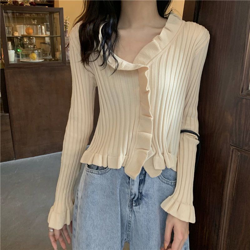 Red V-neck Kayu Telinga Sisi Lengan Panjang Rajutan Sweater Pakaian Wanita Musim Gugur 2022 Versi Korea Baru Slim dan Tipis pendek Cardigan Top