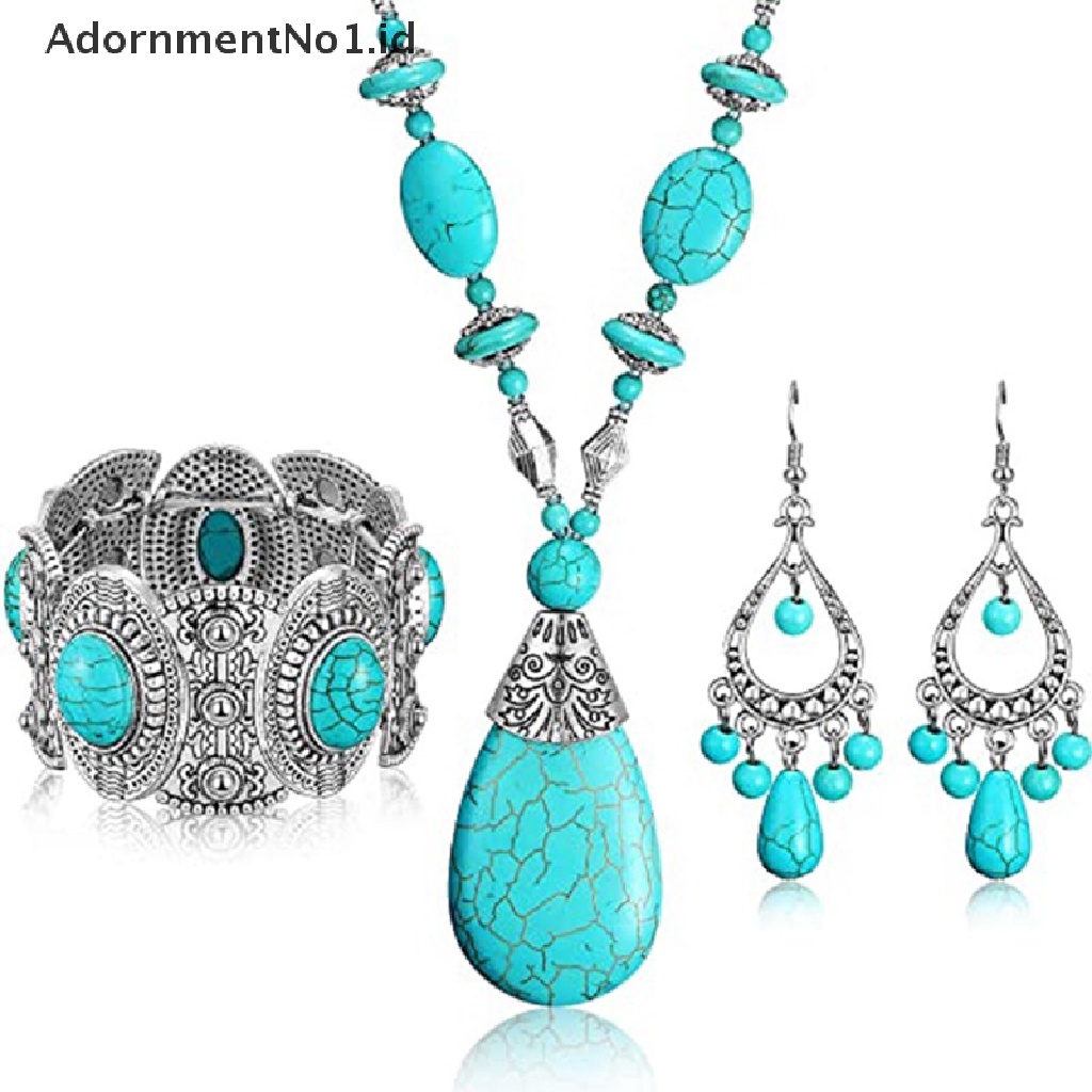 [AdornmentNo1] Vintage Perak Disepuh Turquoises Stone Pendant Kalung Bohemia Perhiasan Pernyataan Tetesan Air Logam Liontin Kalung Wanita [ID]