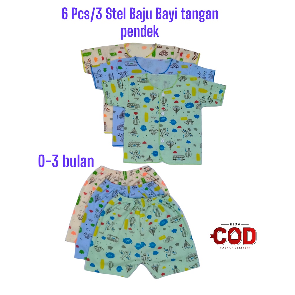 ISI 6 Pcs /3 Stel Baju Bayi Newborn Setelan Perlengkapan  Bayi Baru Lahir 0-3 Bulan Warna Print sablon