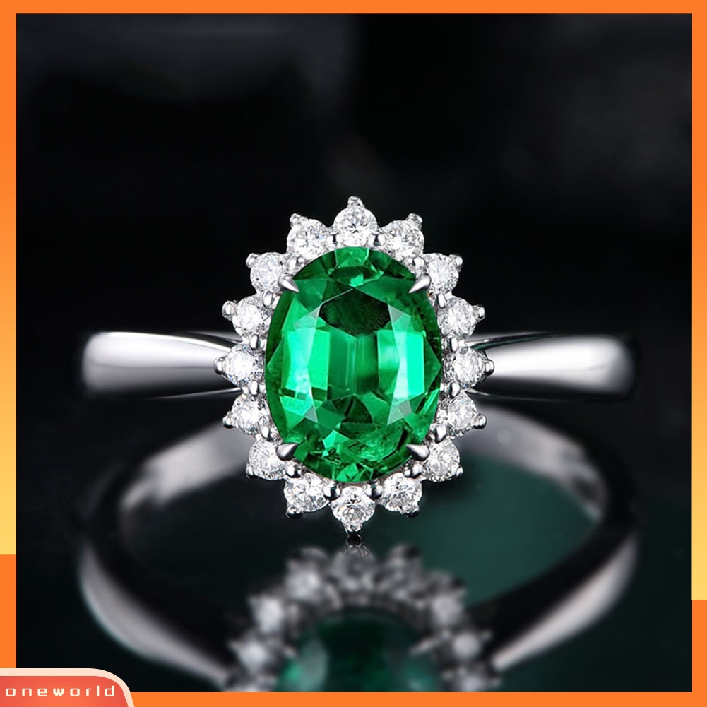 [oneworld] Wanita Berlian Imitasi Hias Oval Liontin Kalung Anting Cincin Terbuka Set Perhiasan