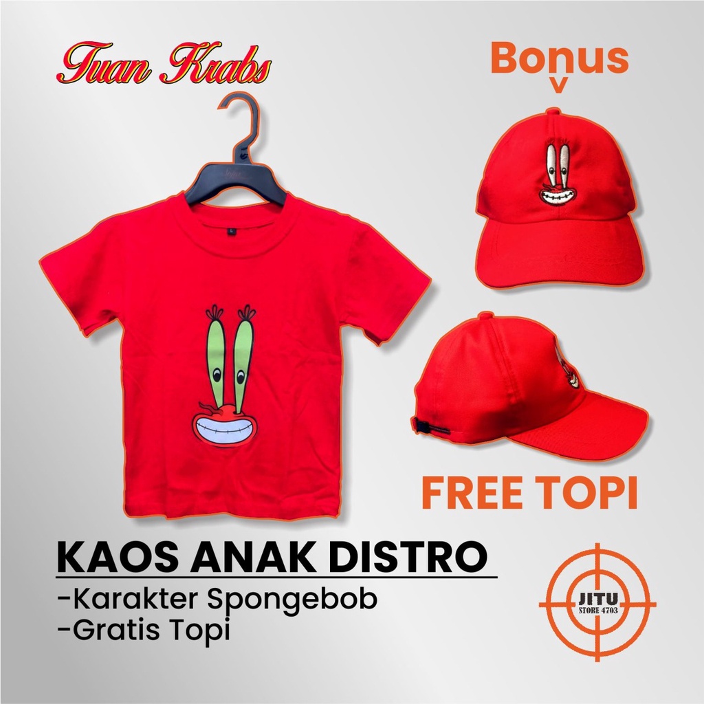 KAOS DTF ANAK DISTRO KARAKTER SPONGEBOB PATRICK SANDY SQUIDWARD MR CRAB BONUS GRATIS TOPI BORDIR