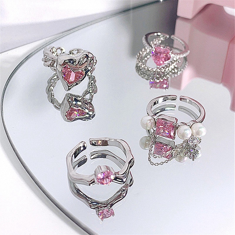 Trendy925 Perhiasan Perak Cincin Bentuk Oval Pink Zirkon Batu Permata Jari Rings Untuk Wanita Gadis Pernikahan Pertunangan Pesta Aksesoris