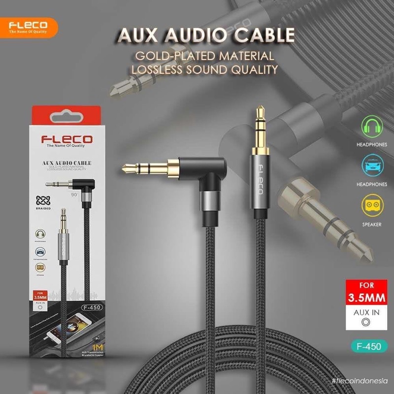 KABEL AUDIO FLECO F450 JACK 3.5MM ORIGINAL 100CM COMPATIBLE FOR ALL SPEAKER MULTY MEDIA PLAYER HANDPHONE