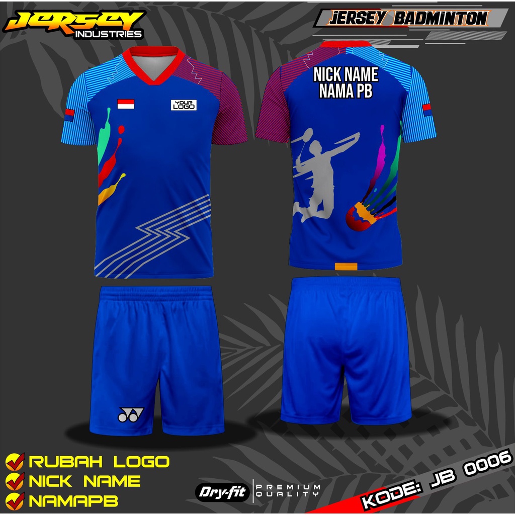Jersey Setelan Olahraga Badminton Desain Custom, Kaos Jersey Bulu Tangkis Full Printing, Bisa Tambah