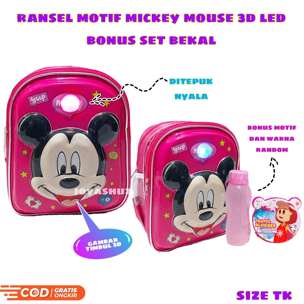 Ransel Anak Sekolah Perempuan Karakter Mickey - Tas Anak 3D Mickey Gemas - Ransel Lucu - Tas Gratis Bonus - Ransel Gratis Botol