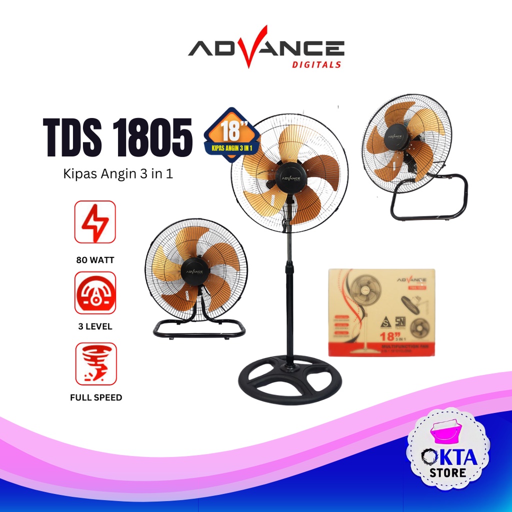 Advance Kipas Angin 3in1 Stand/Desk/Wall TDS-1805 Garansi Resmi Advance 1 Tahun Kipas Tornado