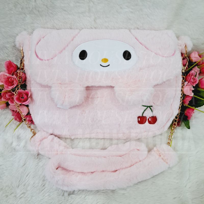 Tas Slempang My Melody Tutup Depan Tas My Melody Bulu Pink Sling Bag My Melody Rantai
