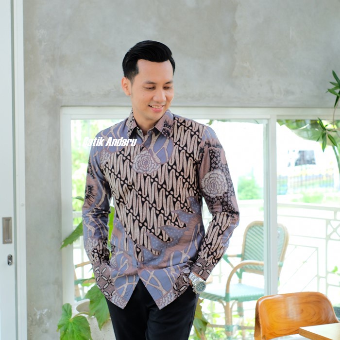 Baju Kemeja Batik Pria Slim Fit Lengan Panjang Modern Heem Premium Warna Ungu Lavender Lilac Soft