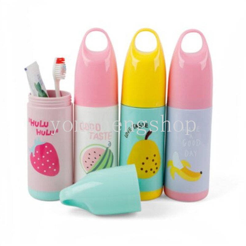 Kotak Penyimpanan Sikat Gigi Anak Motif Kartun Buah Printing Dengan Pegangan Perjalanan Luar Ruangan Portabel Pasta Gigi Toothbrush Holder Case Organizer Kamar Mandi