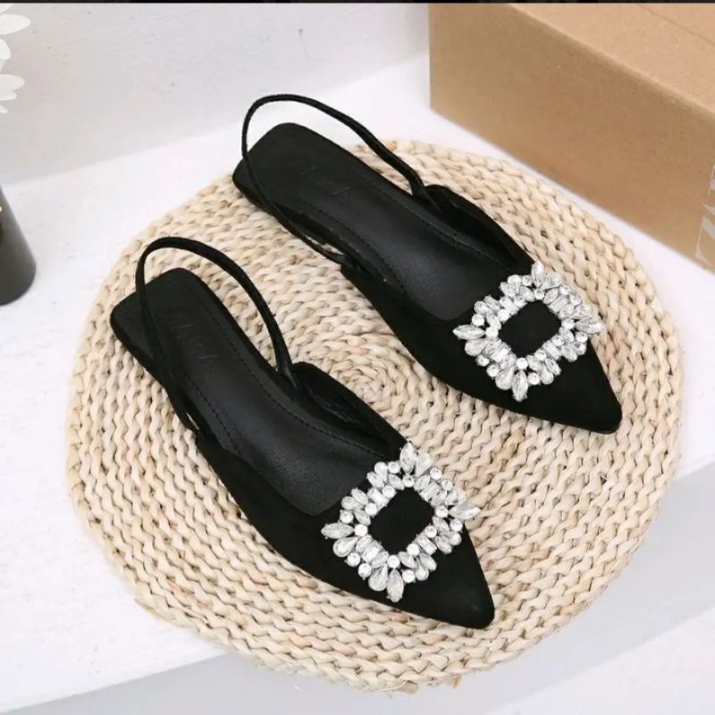 Sandal Flat ZR Tali Belakang Wedding shoes hak 2cm Mules Wanita Kekiniann