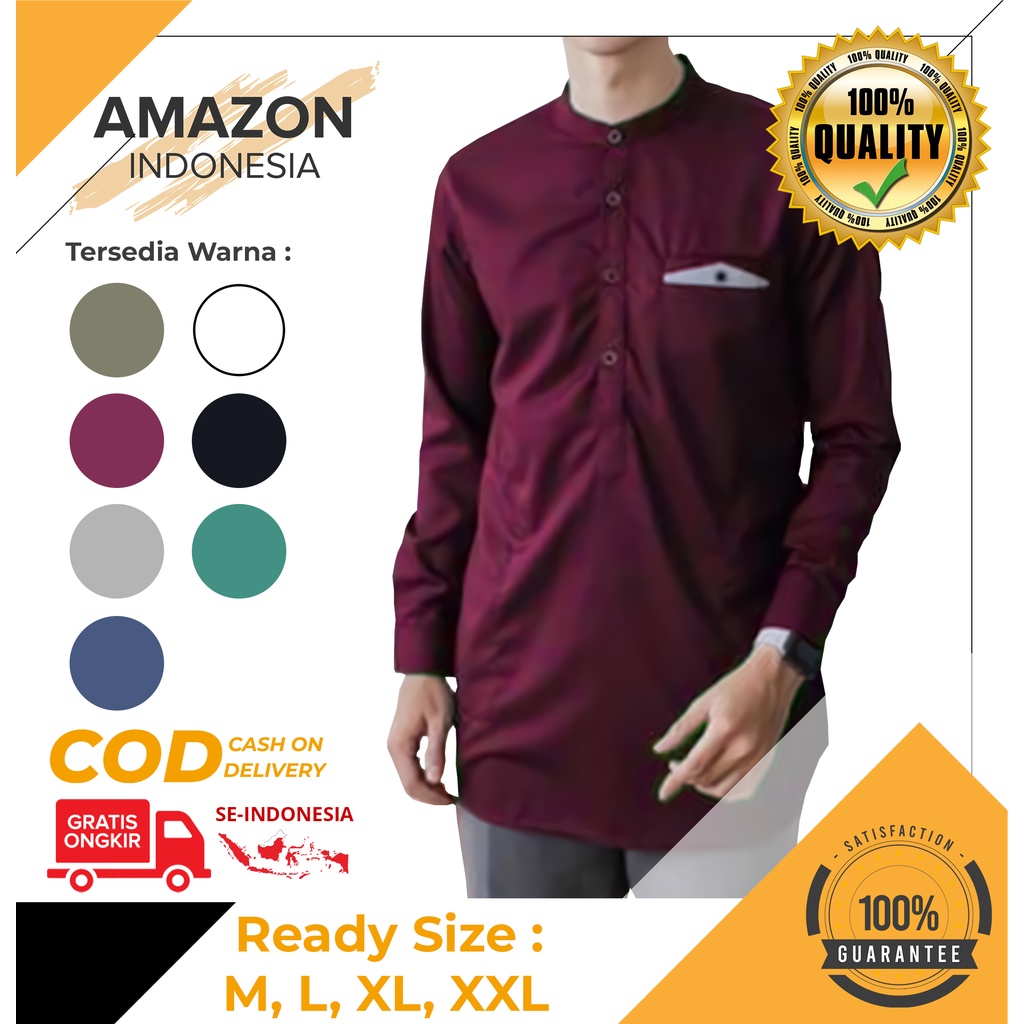 Baju Koko Kurta Dewasa Lengan Panjang Material Catton Adem Serap Keringat Warna Maroon