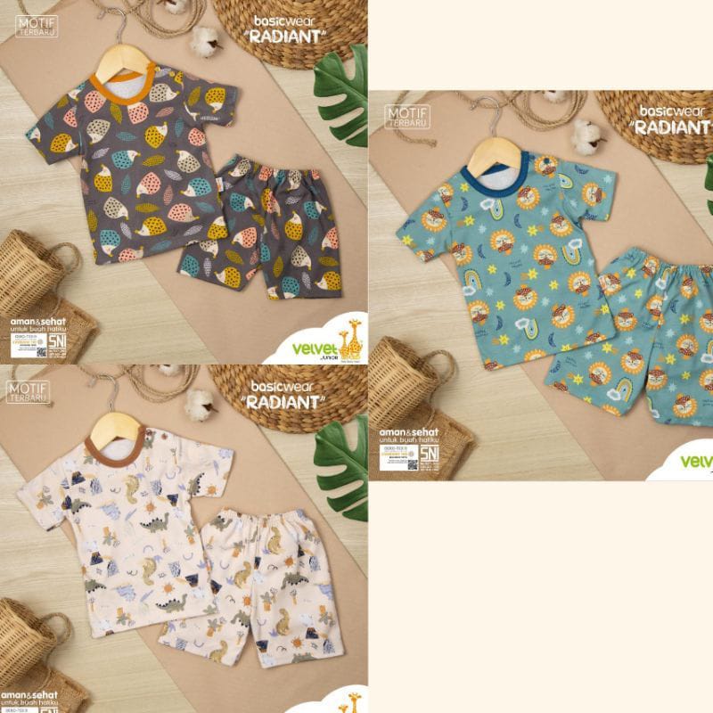 3 Set Velvet Junior PENDEK COURAGE Terbaru | Setelan Kaos Celana Pendek Anak Basic Wear Radiant BRILLIANT BLUE Open | Piyama