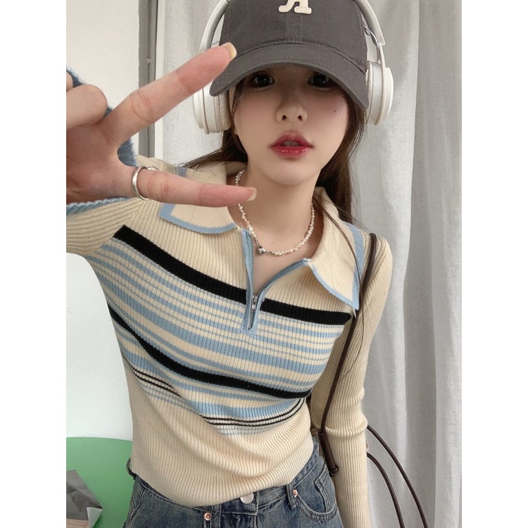 Red Polo Bergaris Kerah Rajutan Sweater Wanita Musim Gugur dan Musim Dingin Atasan Ritsleting Baru Lengan Panjang Slim Fit Chic Pendek Kemeja