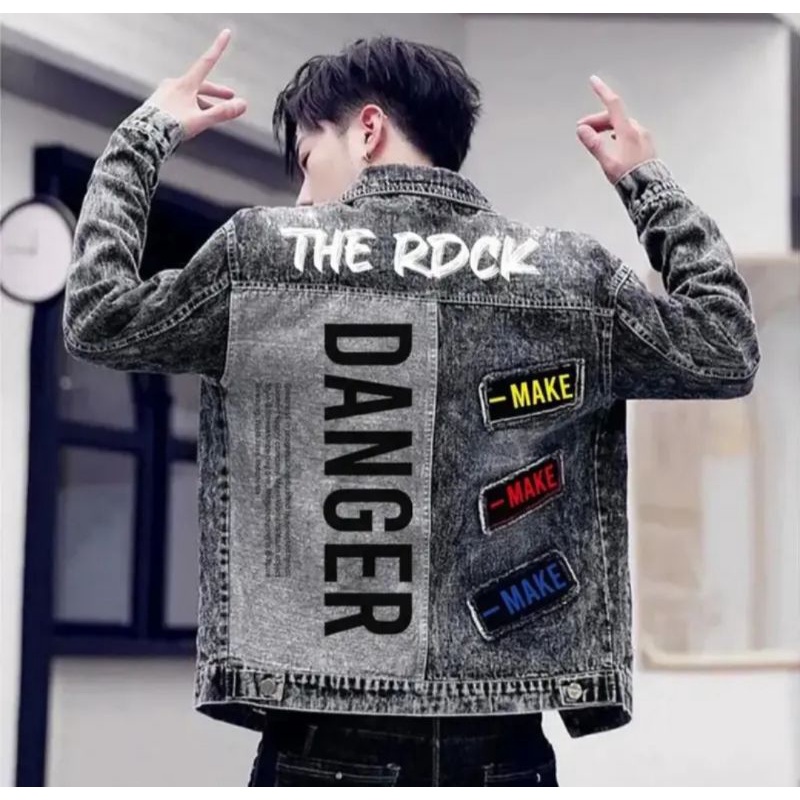 JAKET JEANS PRIA EMBLEM FASHION ATASAN PRIA KEKINIAN MODEL PUNGGUNG FULL BORDIRAN BAHAN DENIM ANTI L