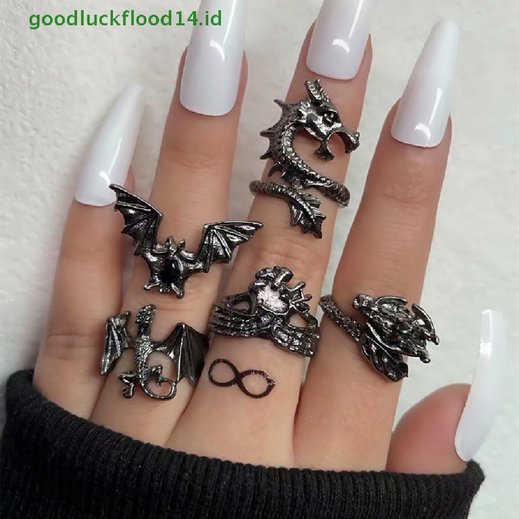 [GOOGFOUR] 5pcs/set Vintage Hip Hop Punk Naga Ular Kupu-Kupu Kelelawar Tengkorak Retro Knuckle Joint Rings Wanita Gothic Finger Ring Set Perhiasan Baru [TOP]