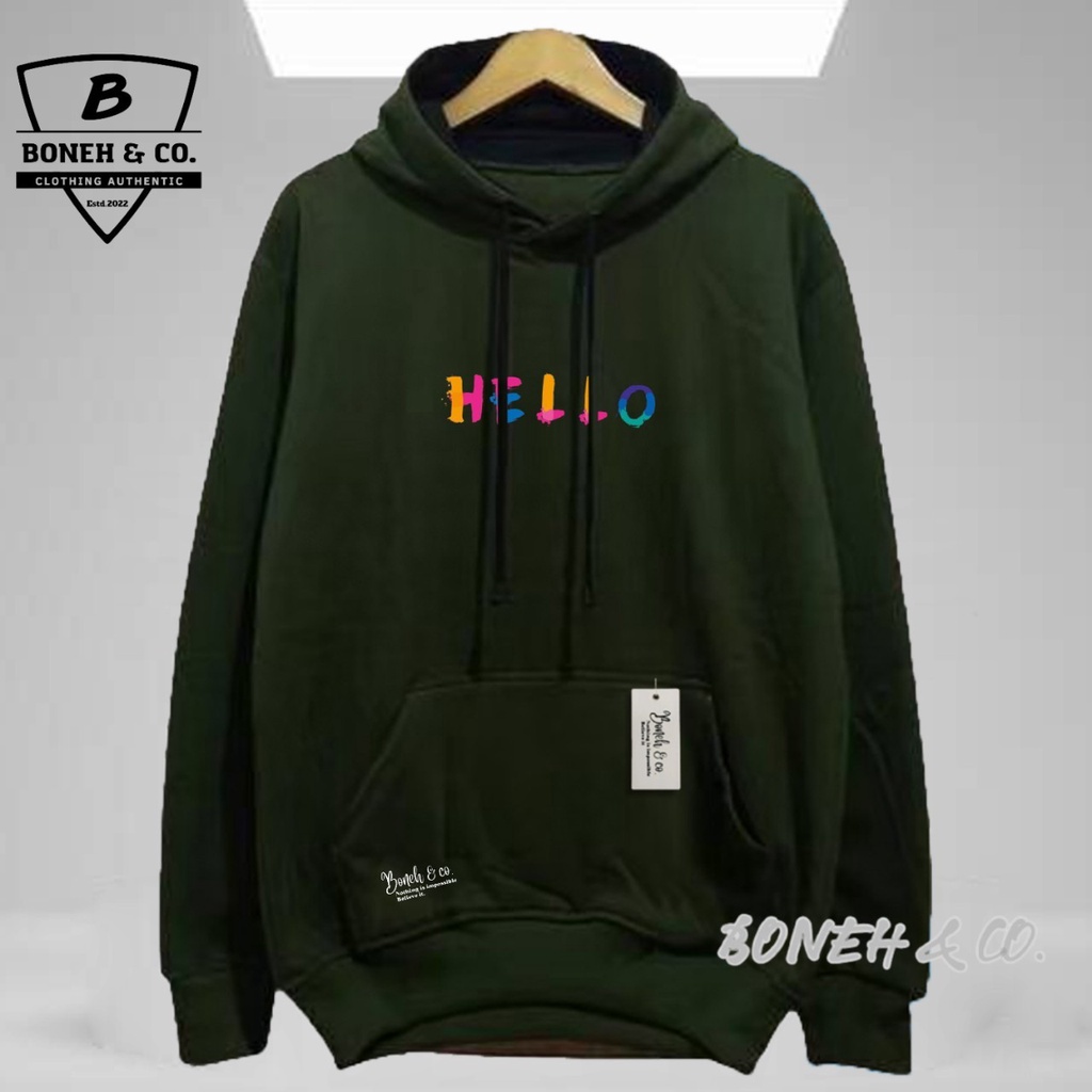 Sweater Hoodie Warna Hijau Army Jaket Sweater Pria Wanita Premium Distro Model Terbaru Kota Bandung Bahan Katun Tebal Tidak Berbulu BisaCod Sablon HELLO Simpel Tidak Luntur Hoodie Aesthetic Estetic Terlaris