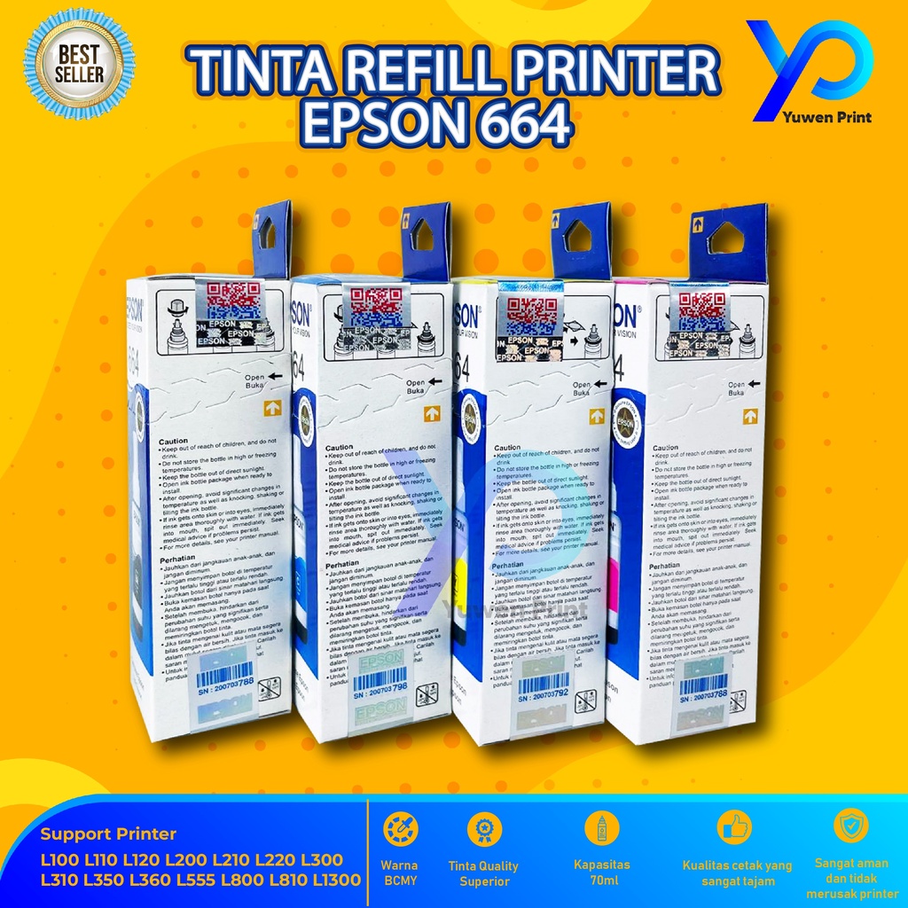 1 SET 4 PCS Tinta Epson 664 Premium For Printer L100 L110 L111 L120 L130 L132 L200 L210 L211 L220 L222 L300 L301 L310 L350 L351 L353 L355 L356 L358 L360 L655 L800 L805 L810 L850 L1300 L1800