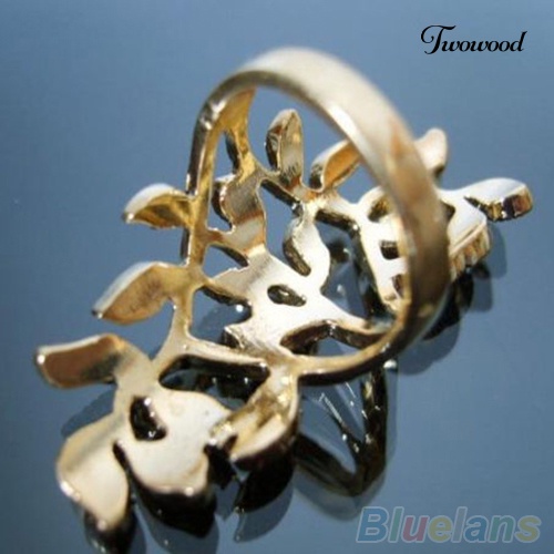 Twowood Fashion Wanita's Berlian Imitasi Mengkilap Berongga Daun Bersama Armor Knuckle Cincin Perhiasan