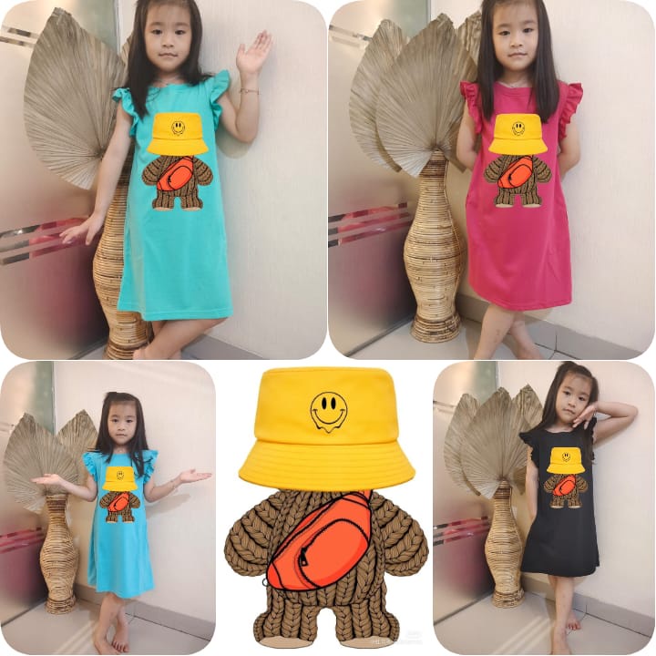 Hzl_outfit Dress Anak Hazel Kerut Lengan Boneka Topi (6-8Tahun)