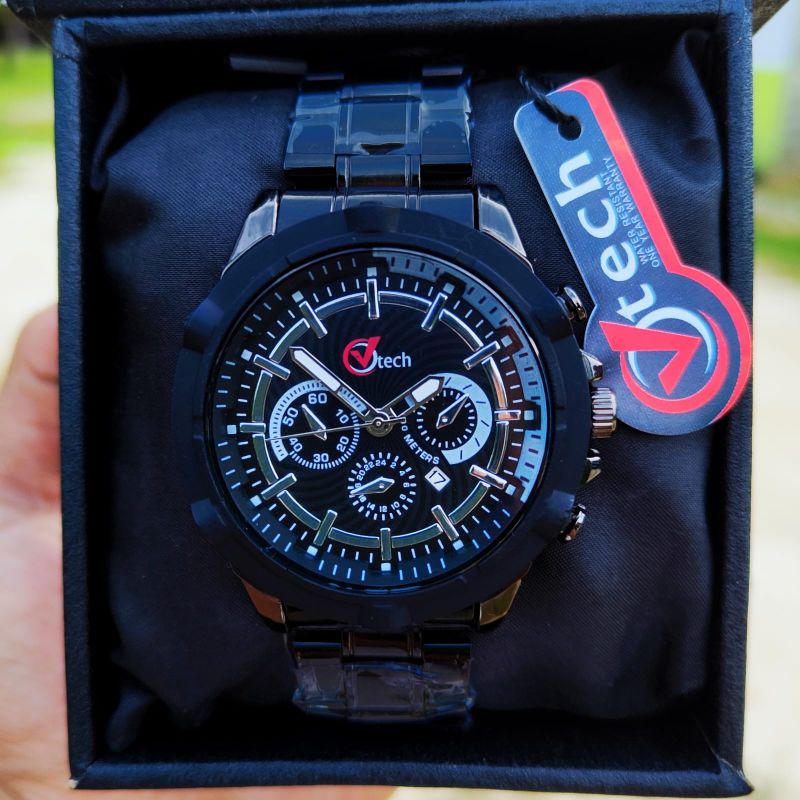 Jam Tangan Pria Kasual Analog Quart Strap Rantai Stainles Steel Fitur Tanggal Aktif Water Resistantce _Free Box  Jam Tangan Pria V Tech Original Tahan Air Reasy Stok COD_ Jam Tangan Kasual Pria Anti Air  Free Batrai Cadangan Warna Hitam, Hitam Rosggold