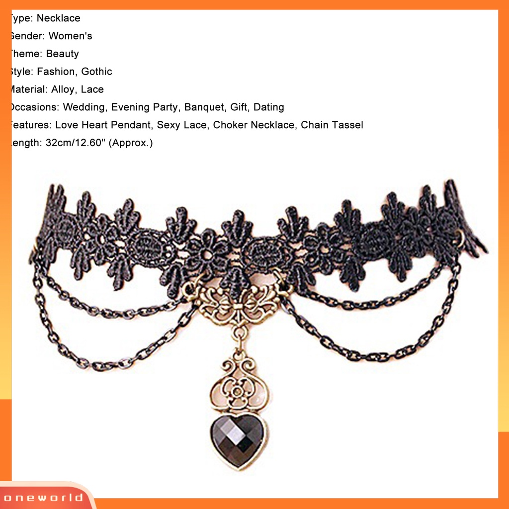 {oneworld} Kalung Colorfast Lace Edge Alloy Kalung Rantai Renda Hitam Untuk Pernikahan