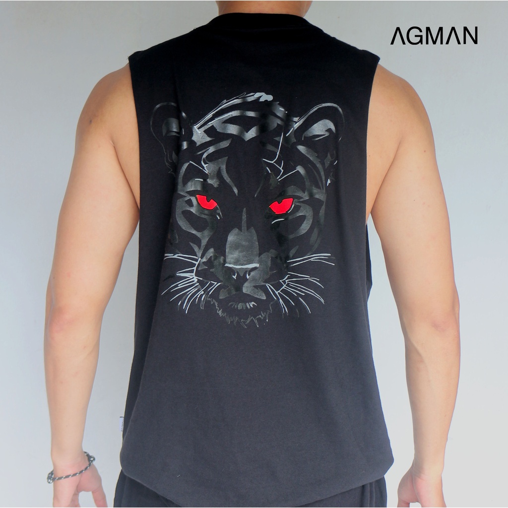 AGMAN Tank Top Low Cut Kaos Gym Fitness Pria Olahraga Variasi Panther Keren Terbaru