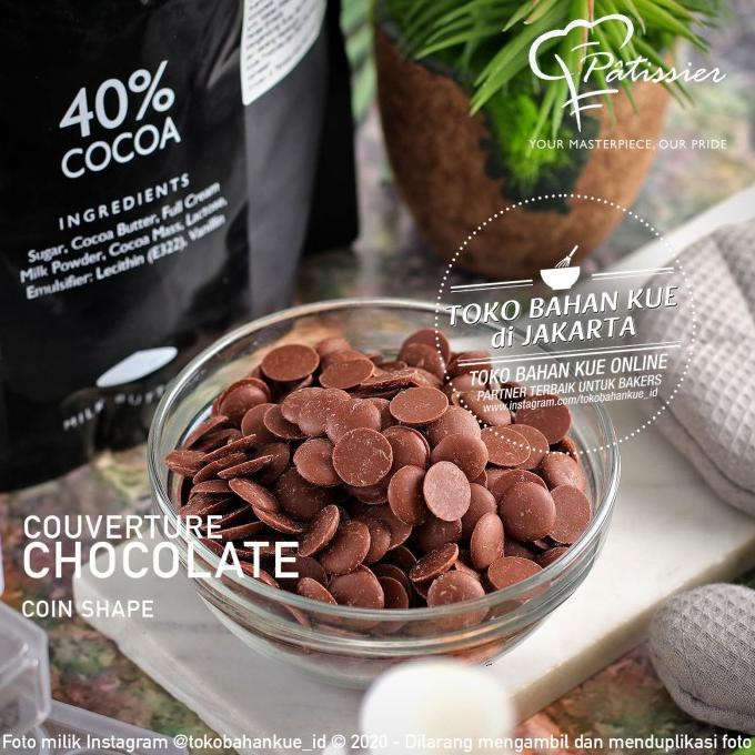 

Patissier Chocolate 40% MILK Couverture 100gr Repack Cokelat Susu Coin