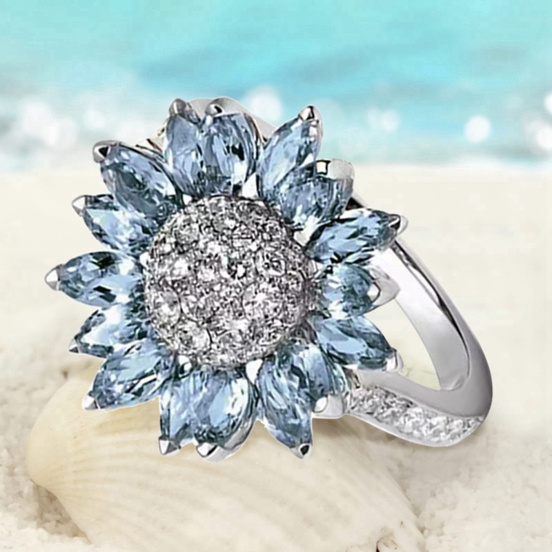 Cincin Bunga Matahari Zrconia Berlian Imitasi Biru, Perhiasan Wanita Cincin Tunangan Perhiasan Fashion Sederhana