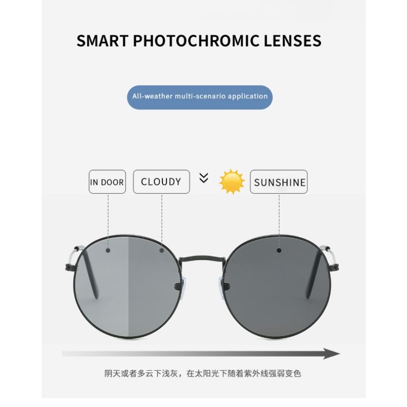 kacamata bulat anti radiasi lensa photocromic hitam ganti warna bawah matahari// sunglasses photocromik photo chromic frame besi blueray blue light blocking glasses