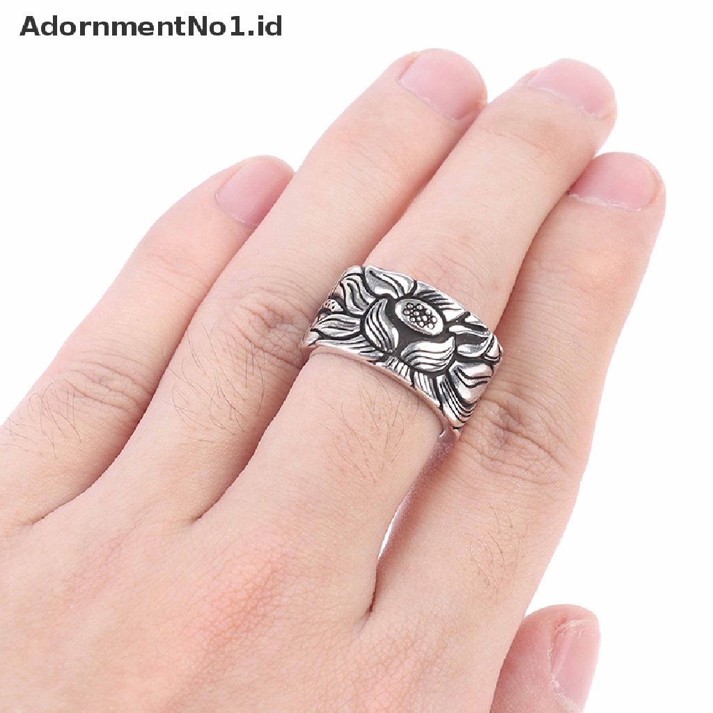 [AdornmentNo1] Perhiasan Silver Cincin Terbuka Bunga Teratai Untuk Pria Sutra Hati Buddha [ID]